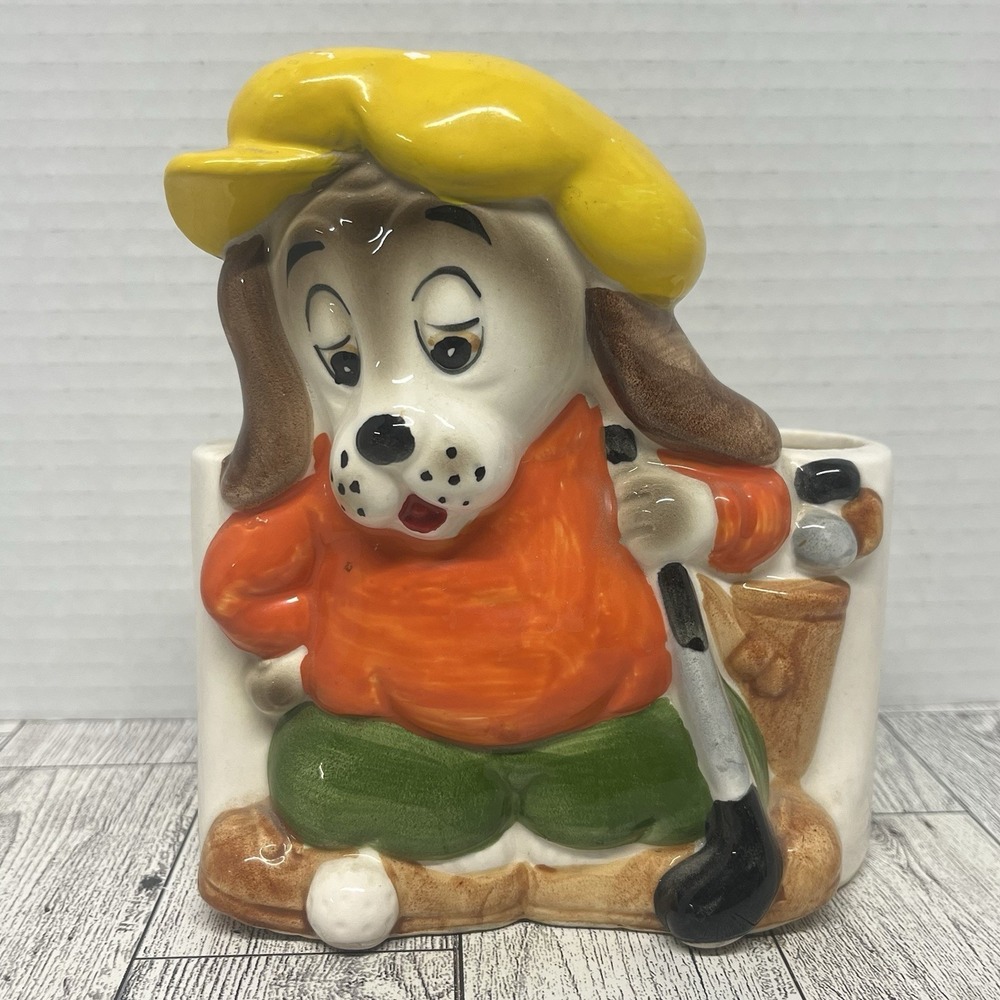 Vintage Ceramic Dog Golfer Planter Mid Century Kitsch Japan Golfing Hound Puppy